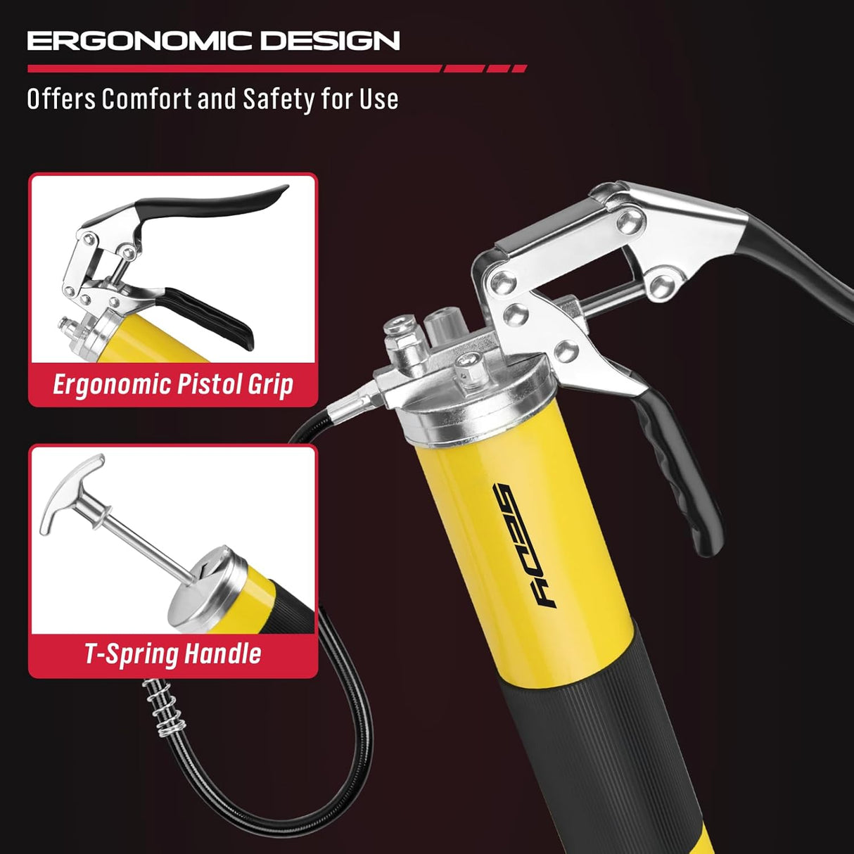SEDY Heavy Duty Pistol Grip Grease Gun Kit, 8000 PSI, Includes 18" Spring Flex Hose, Multiple Connectors, and Accessories for Easy Lubrication