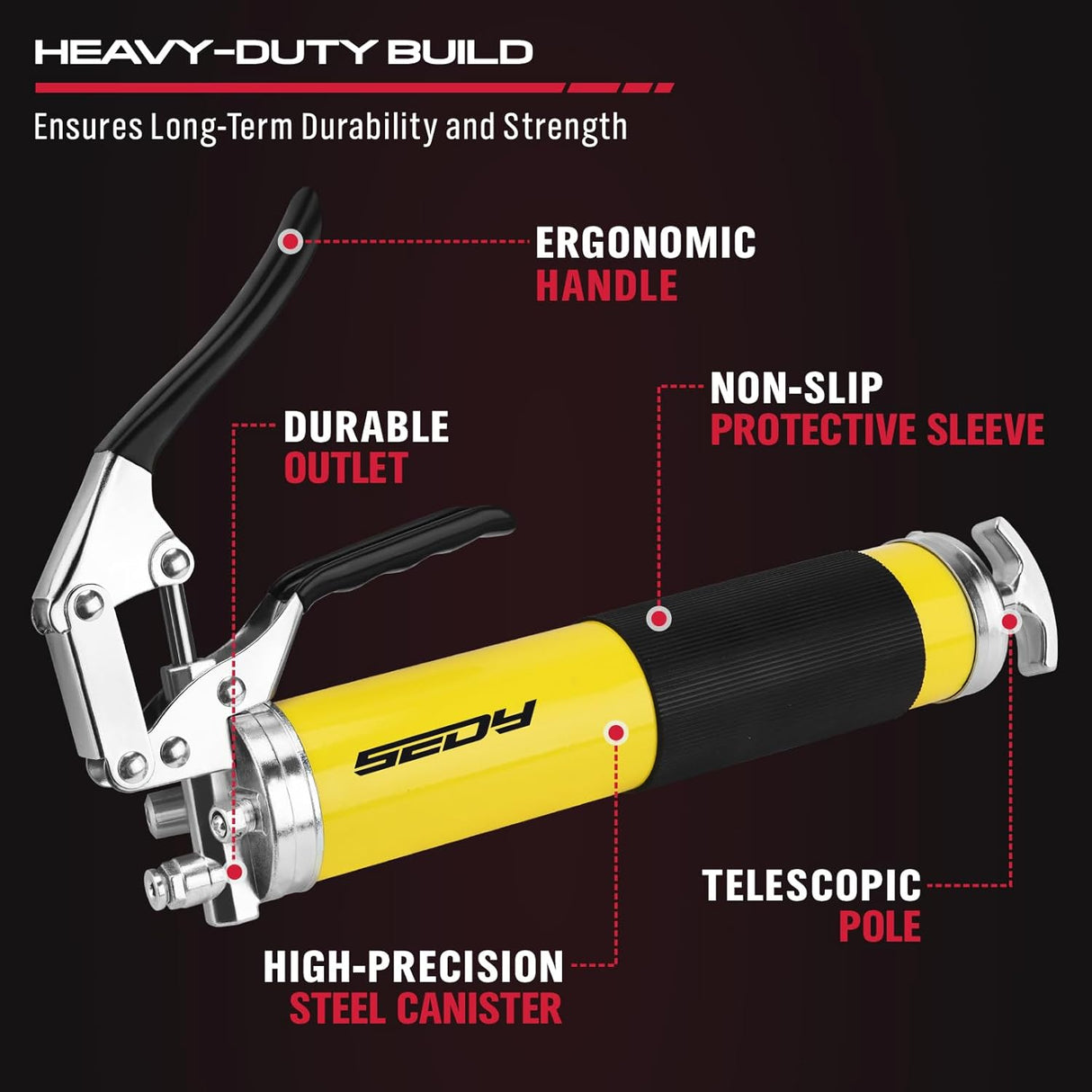 SEDY Heavy Duty Pistol Grip Grease Gun Kit, 8000 PSI, Includes 18" Spring Flex Hose, Multiple Connectors, and Accessories for Easy Lubrication