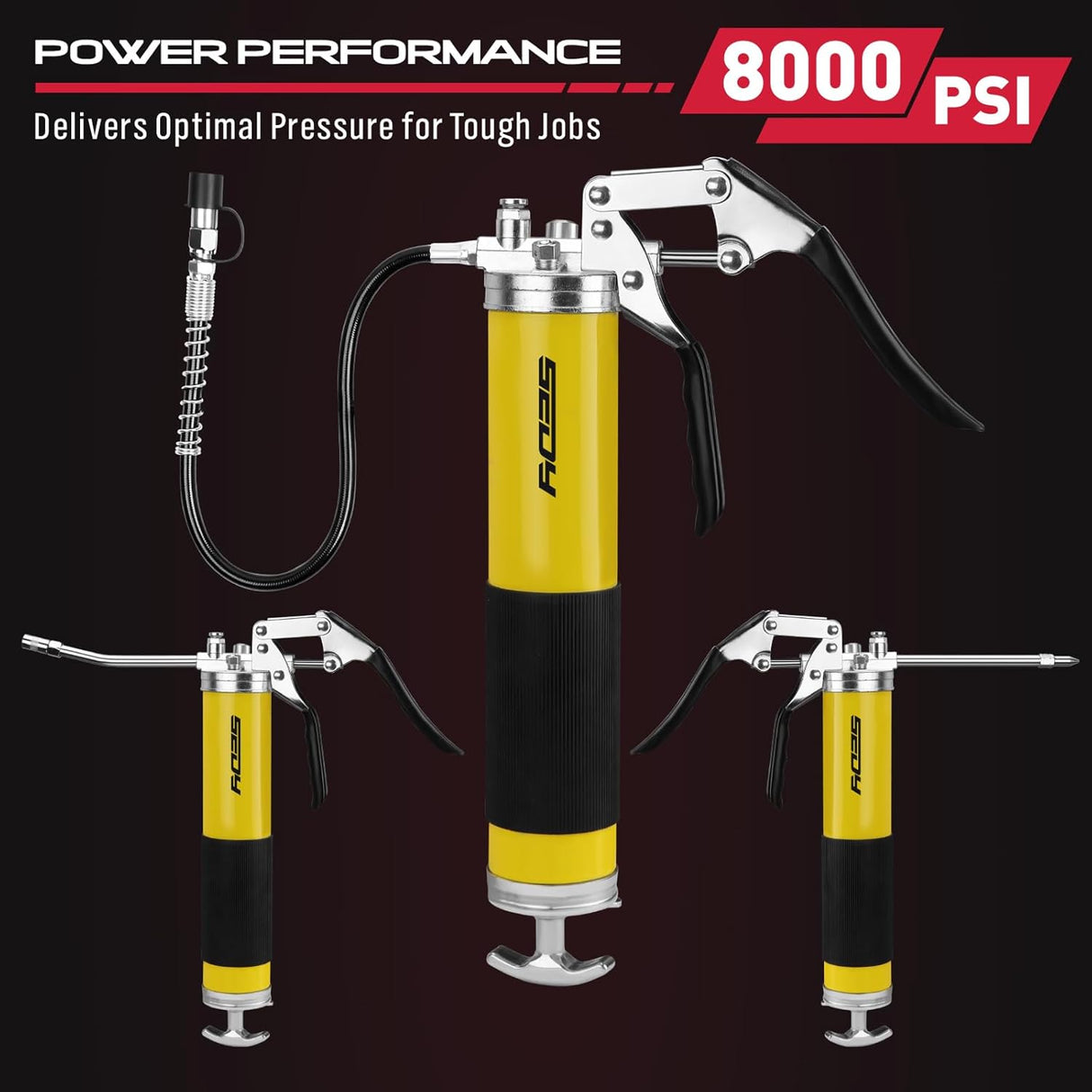 SEDY Heavy Duty Pistol Grip Grease Gun Kit, 8000 PSI, Includes 18" Spring Flex Hose, Multiple Connectors, and Accessories for Easy Lubrication