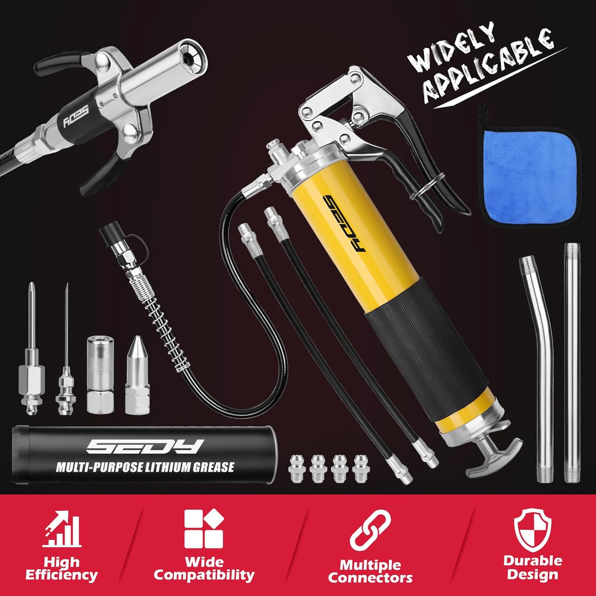SEDY Heavy Duty Pistol Grip Grease Gun Kit, 8000 PSI, Includes 18" Spring Flex Hose, Multiple Connectors, and Accessories for Easy Lubrication