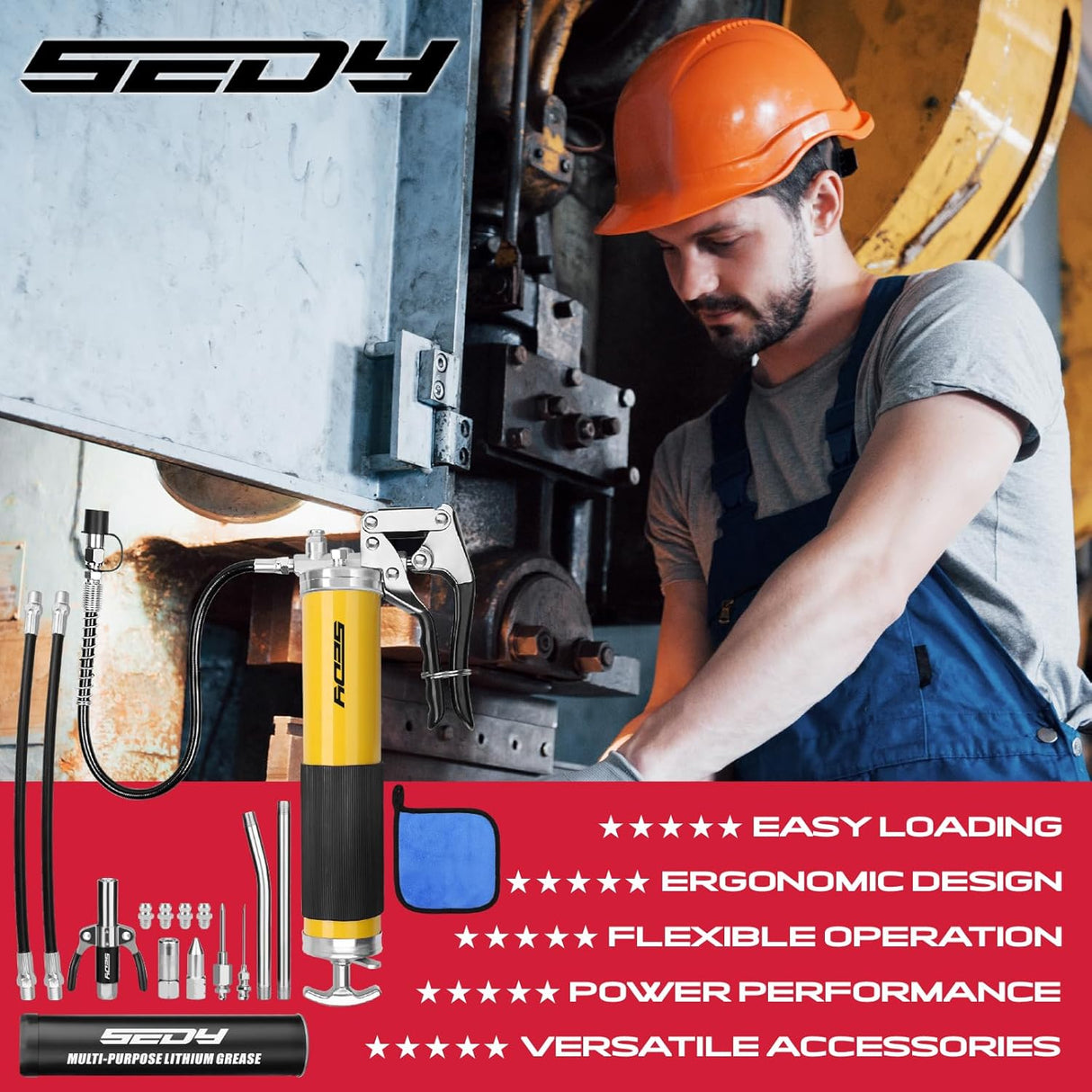 SEDY Heavy Duty Pistol Grip Grease Gun Kit, 8000 PSI, Includes 18" Spring Flex Hose, Multiple Connectors, and Accessories for Easy Lubrication