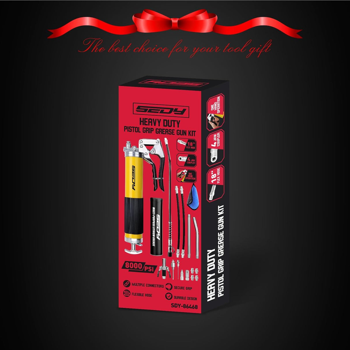 SEDY Heavy Duty Pistol Grip Grease Gun Kit, 8000 PSI, Includes 18" Spring Flex Hose, Multiple Connectors, and Accessories for Easy Lubrication