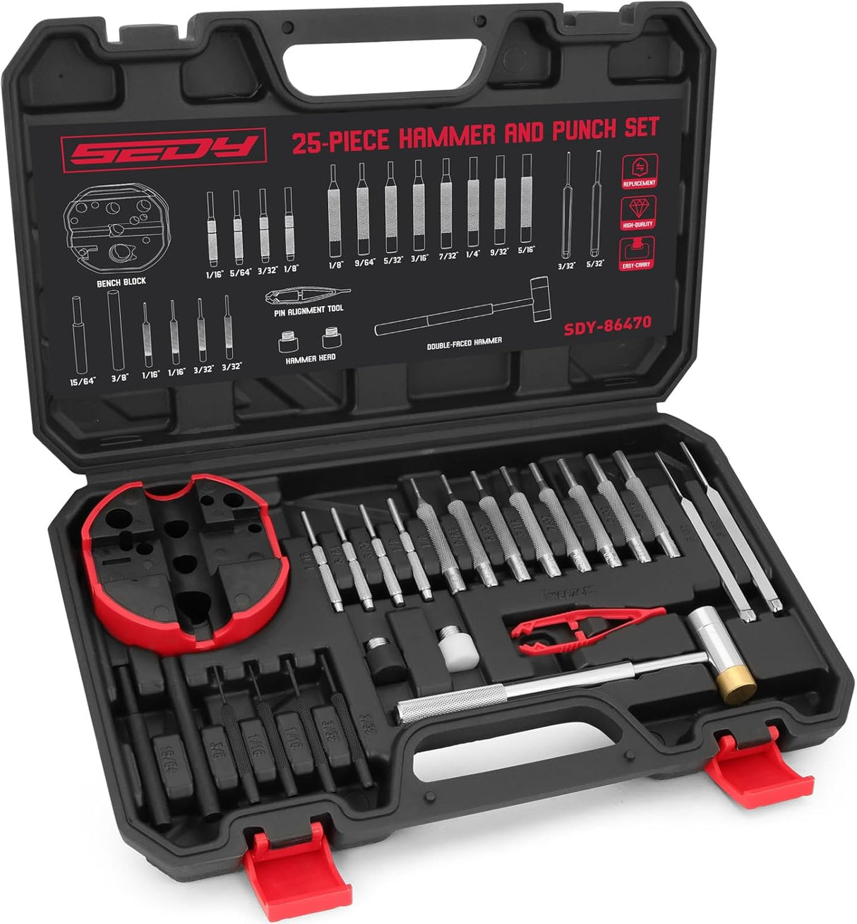 SEDY 25-piece hammer and punch set with bench block, brass/steel/nylon hammer heads, and durable storage case