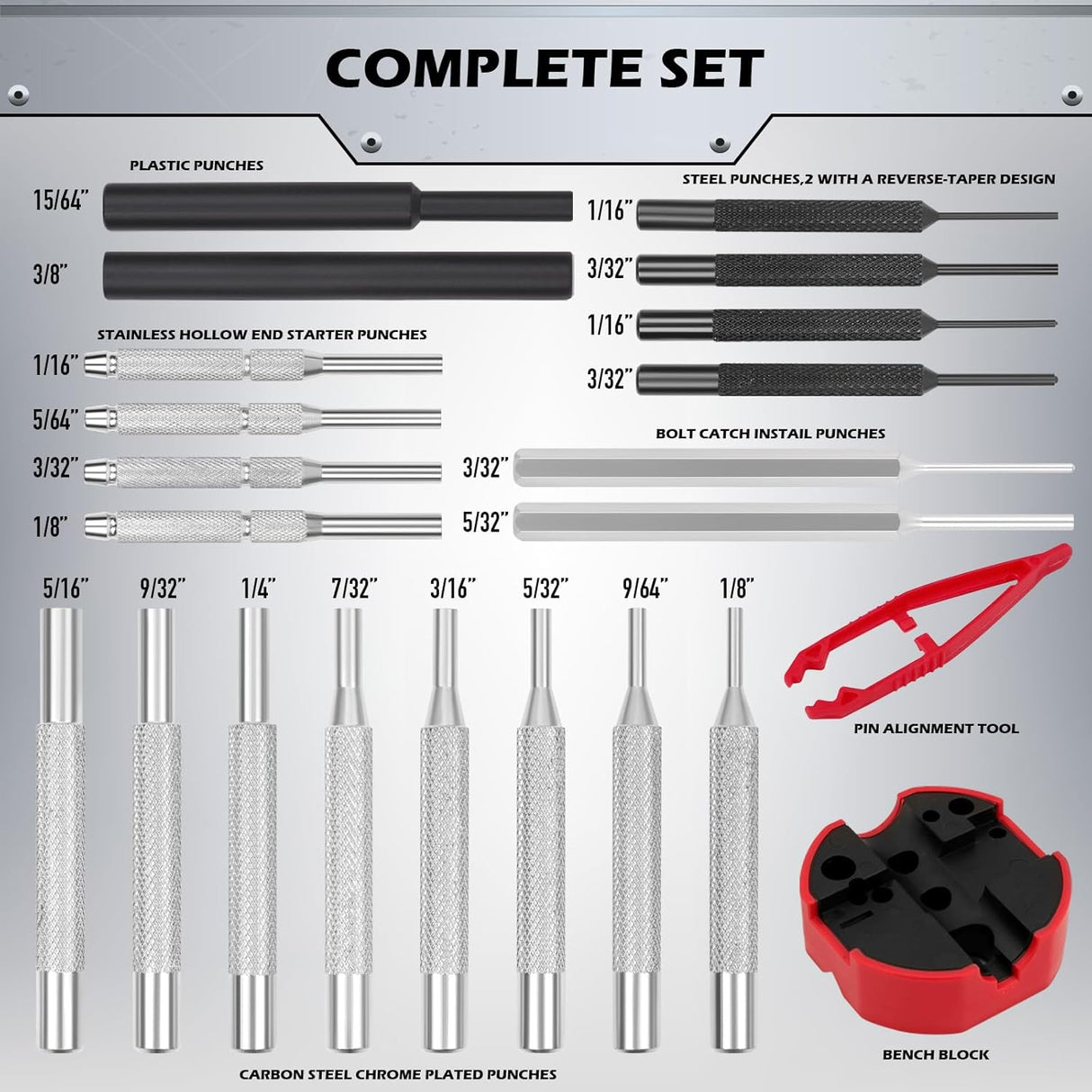 SEDY 25-piece hammer and punch set with bench block, brass/steel/nylon hammer heads, and durable storage case