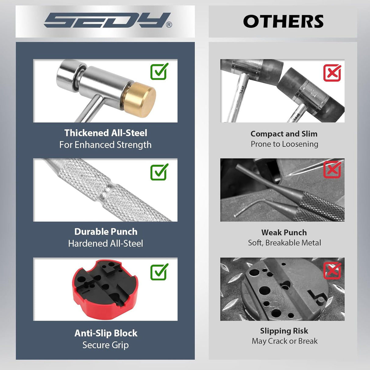 SEDY 25-piece hammer and punch set with bench block, brass/steel/nylon hammer heads, and durable storage case