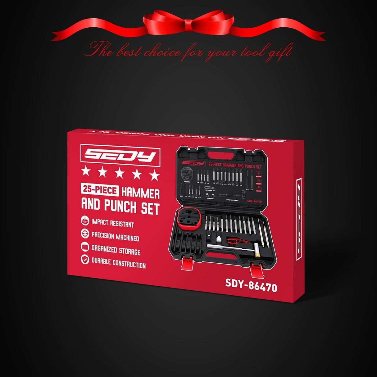 SEDY 25-piece hammer and punch set with bench block, brass/steel/nylon hammer heads, and durable storage case