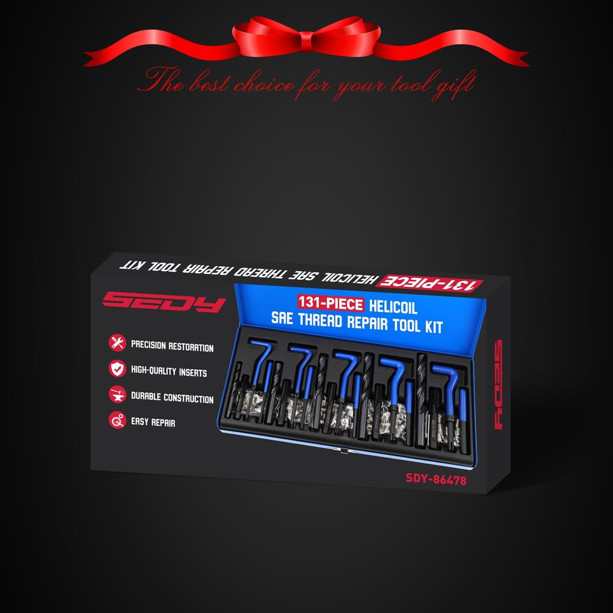 SAE thread repair kit with 131 pieces including screw taps, drill bits, coil inserts, installation tools, and T-handles, ideal for restoring damaged threads in steel and aluminum.