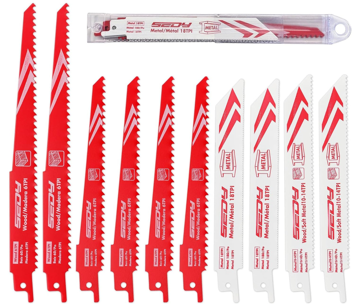 SEDY 10-piece bi-metal reciprocating saw blade set with aggressive cobalt teeth, for cutting wood, metal, pipes, and pruning trees, durable demolition blades