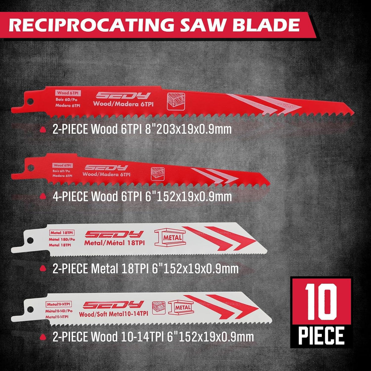 SEDY 10-piece bi-metal reciprocating saw blade set with aggressive cobalt teeth, for cutting wood, metal, pipes, and pruning trees, durable demolition blades