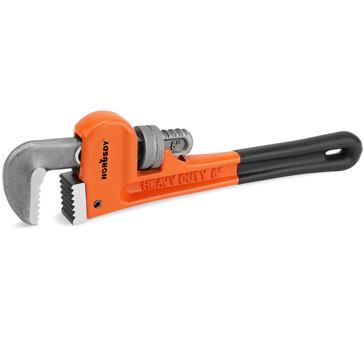 HORUSDY 8-inch adjustable heavy duty pipe wrench with 1.5-inch jaw capacity and non-slip handle for plumbing and automotive repair