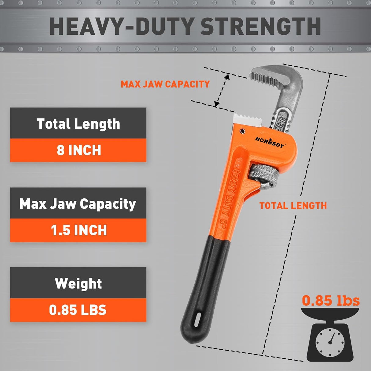 HORUSDY 8-inch adjustable heavy duty pipe wrench with 1.5-inch jaw capacity and non-slip handle for plumbing and automotive repair