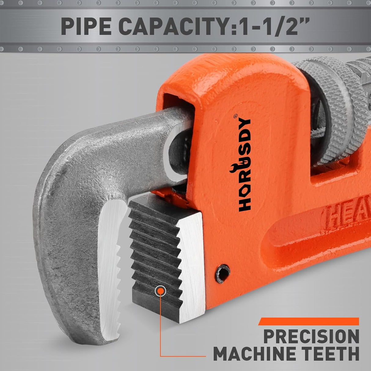 HORUSDY 8-inch adjustable heavy duty pipe wrench with 1.5-inch jaw capacity and non-slip handle for plumbing and automotive repair