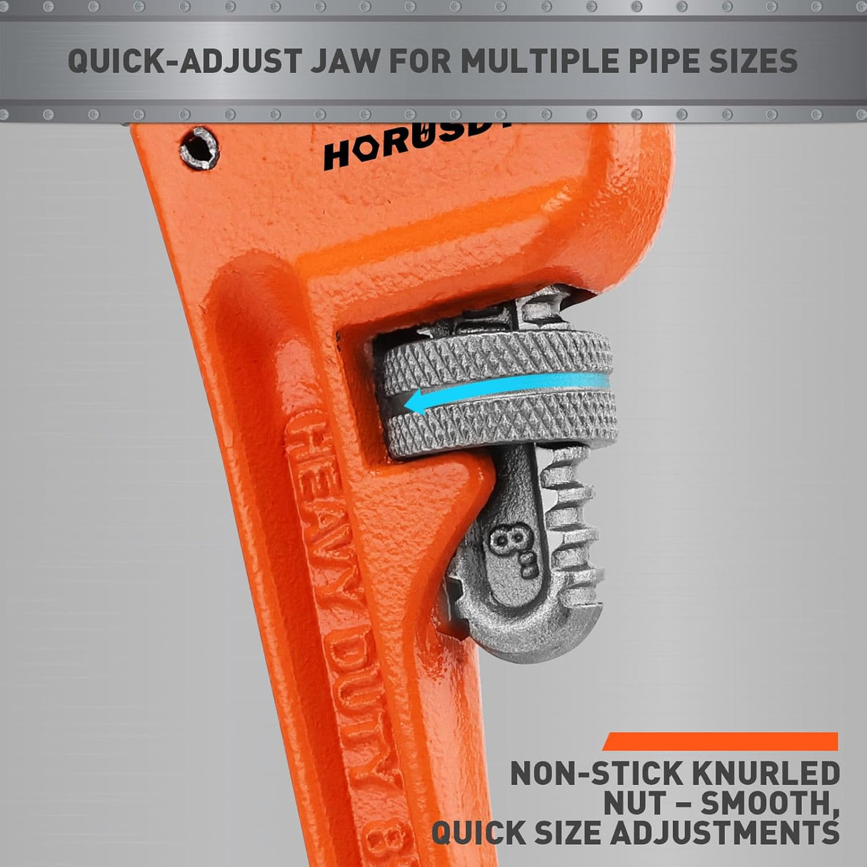 HORUSDY 8-Inch Heavy Duty Pipe Wrench, Adjustable Jaw, 1.5" Capacity, Cast Iron Body with Non-Slip Handle for Plumbing and Auto Repair