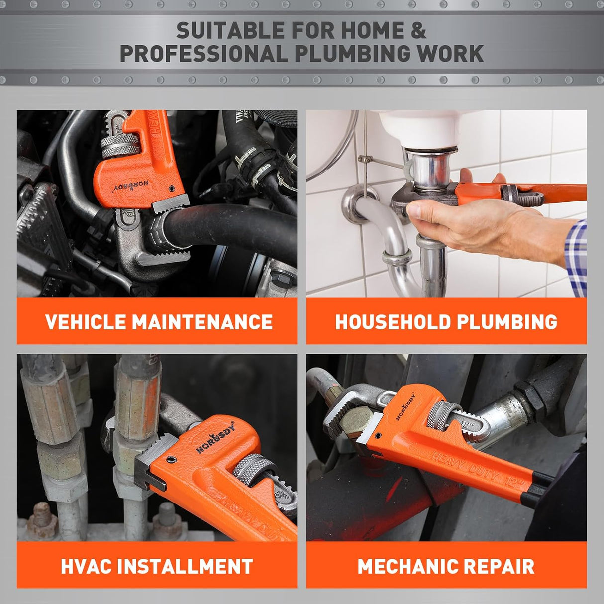 HORUSDY 8-inch adjustable heavy duty pipe wrench with 1.5-inch jaw capacity and non-slip handle for plumbing and automotive repair