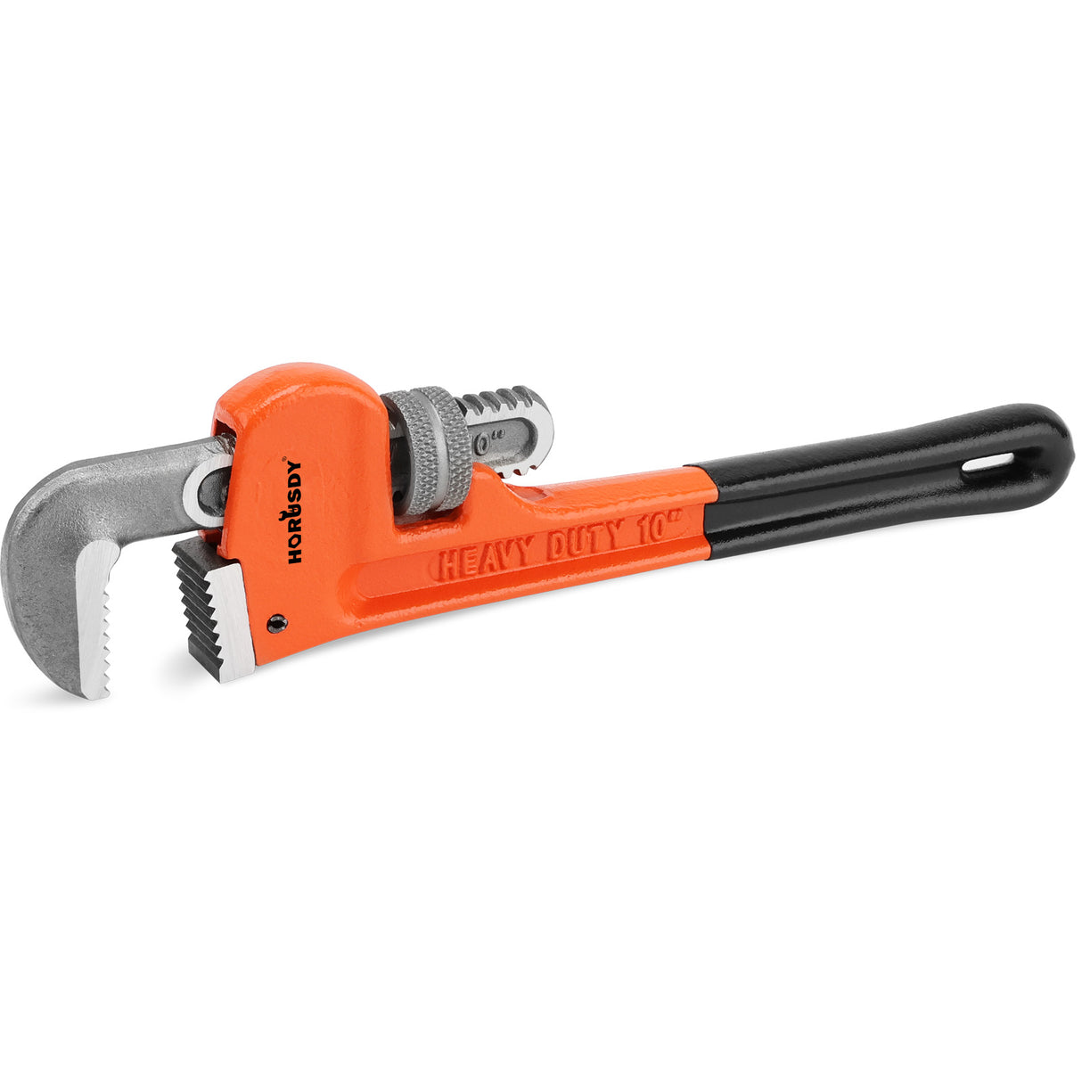 HORUSDY 10-inch heavy duty adjustable pipe wrench with 1.5-inch jaw capacity, cast iron body, and non-slip handle for plumbing and mechanical use