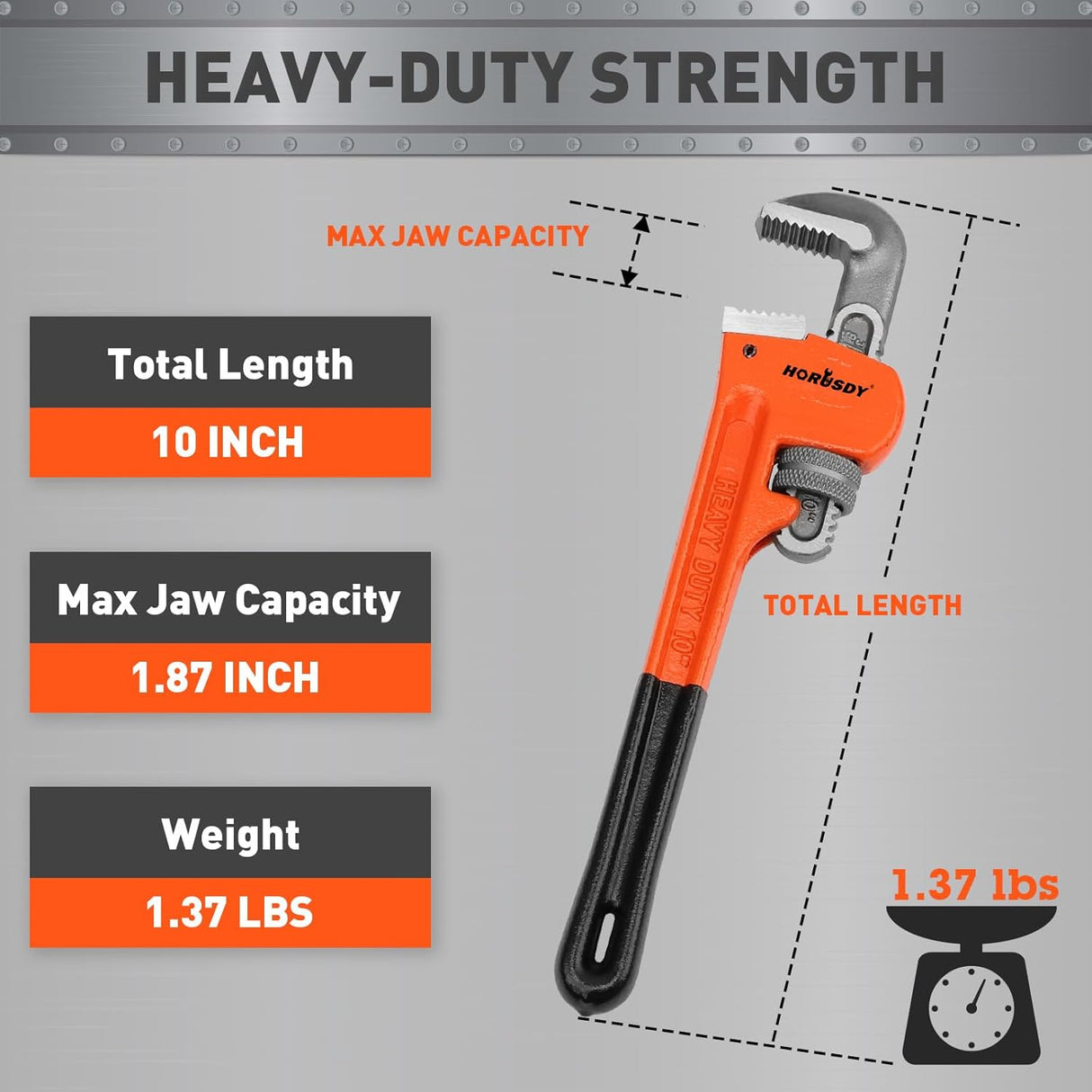 HORUSDY 10-inch heavy duty adjustable pipe wrench with 1.5-inch jaw capacity, cast iron body, and non-slip handle for plumbing and mechanical use