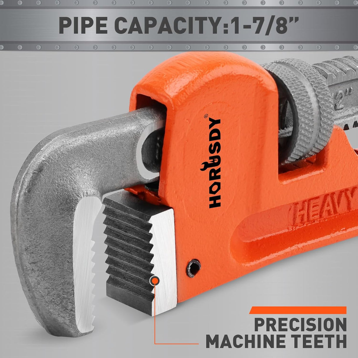 HORUSDY 10-inch heavy duty adjustable pipe wrench with 1.5-inch jaw capacity, cast iron body, and non-slip handle for plumbing and mechanical use