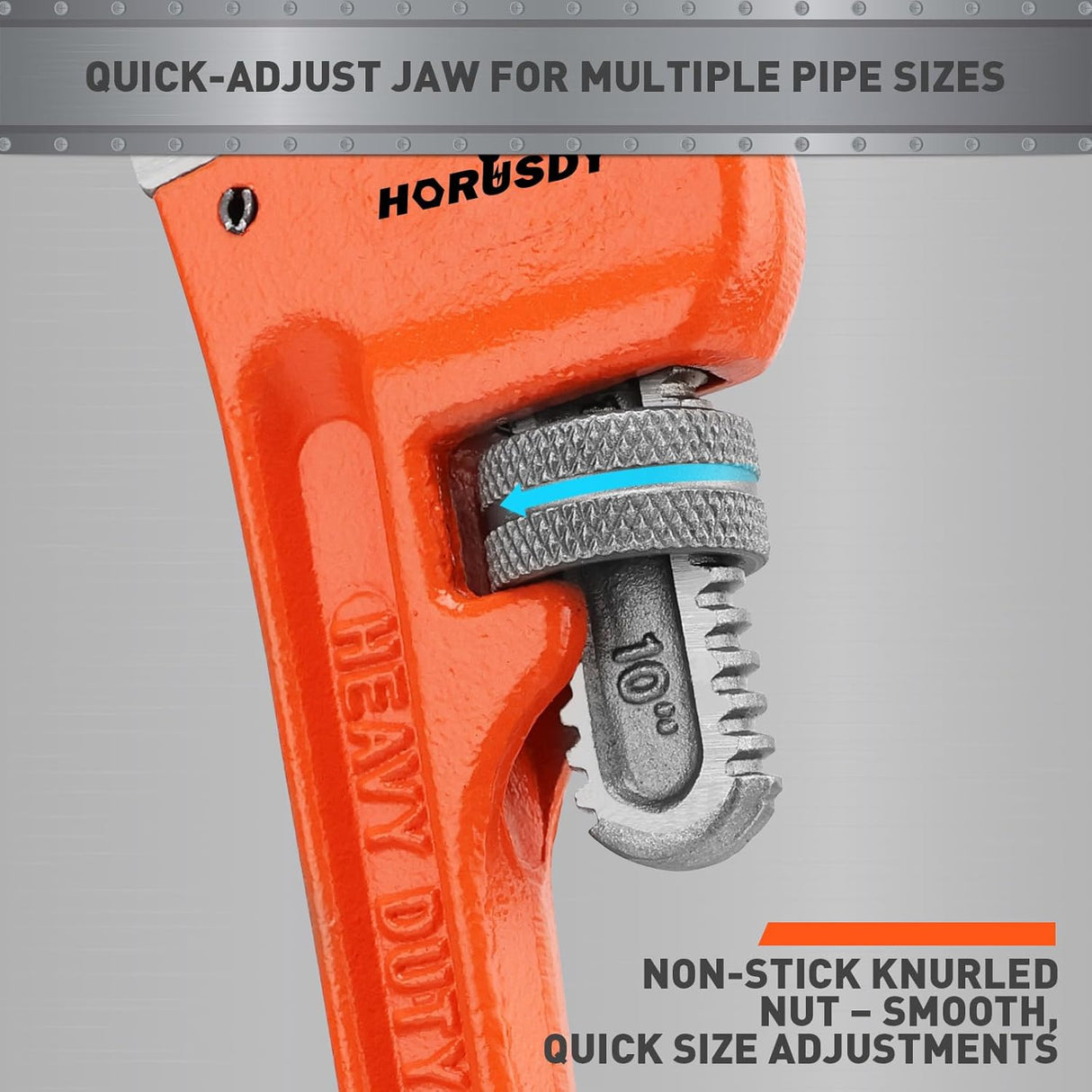 HORUSDY 10-inch heavy duty adjustable pipe wrench with 1.5-inch jaw capacity, cast iron body, and non-slip handle for plumbing and mechanical use