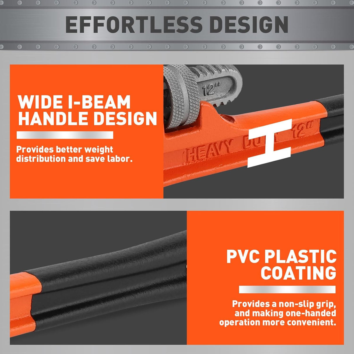 HORUSDY 10-inch heavy duty adjustable pipe wrench with 1.5-inch jaw capacity, cast iron body, and non-slip handle for plumbing and mechanical use