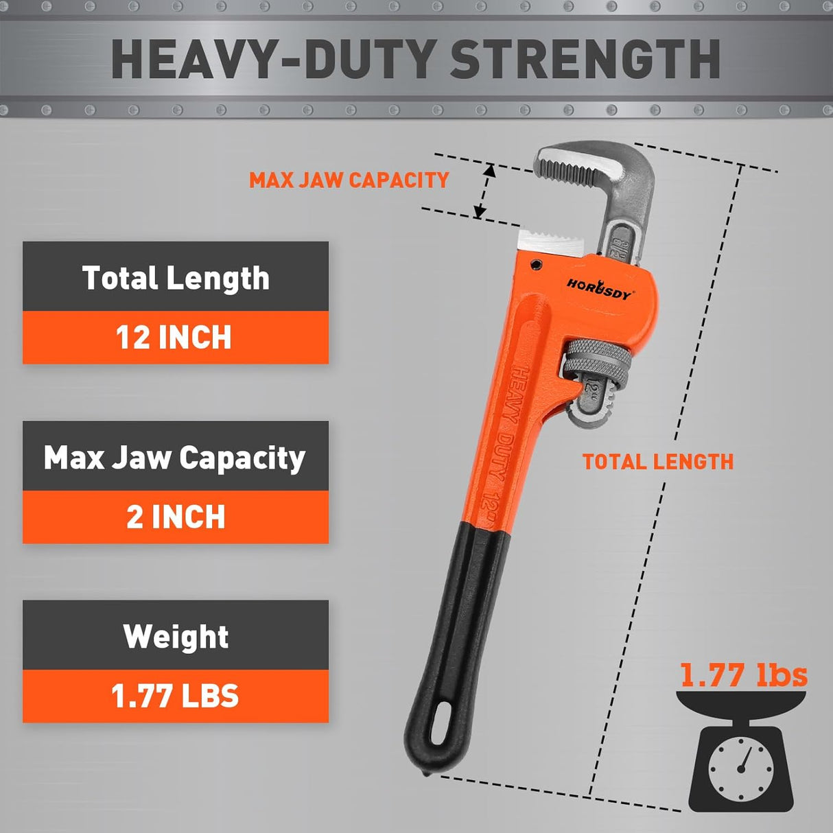 HORUSDY 12-inch adjustable heavy duty pipe wrench with 1.5-inch jaw capacity, non-slip handle, and durable cast iron body for plumbing and repair work