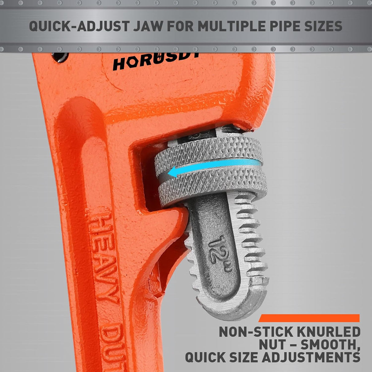 HORUSDY 12-inch adjustable heavy duty pipe wrench with 1.5-inch jaw capacity, non-slip handle, and durable cast iron body for plumbing and repair work