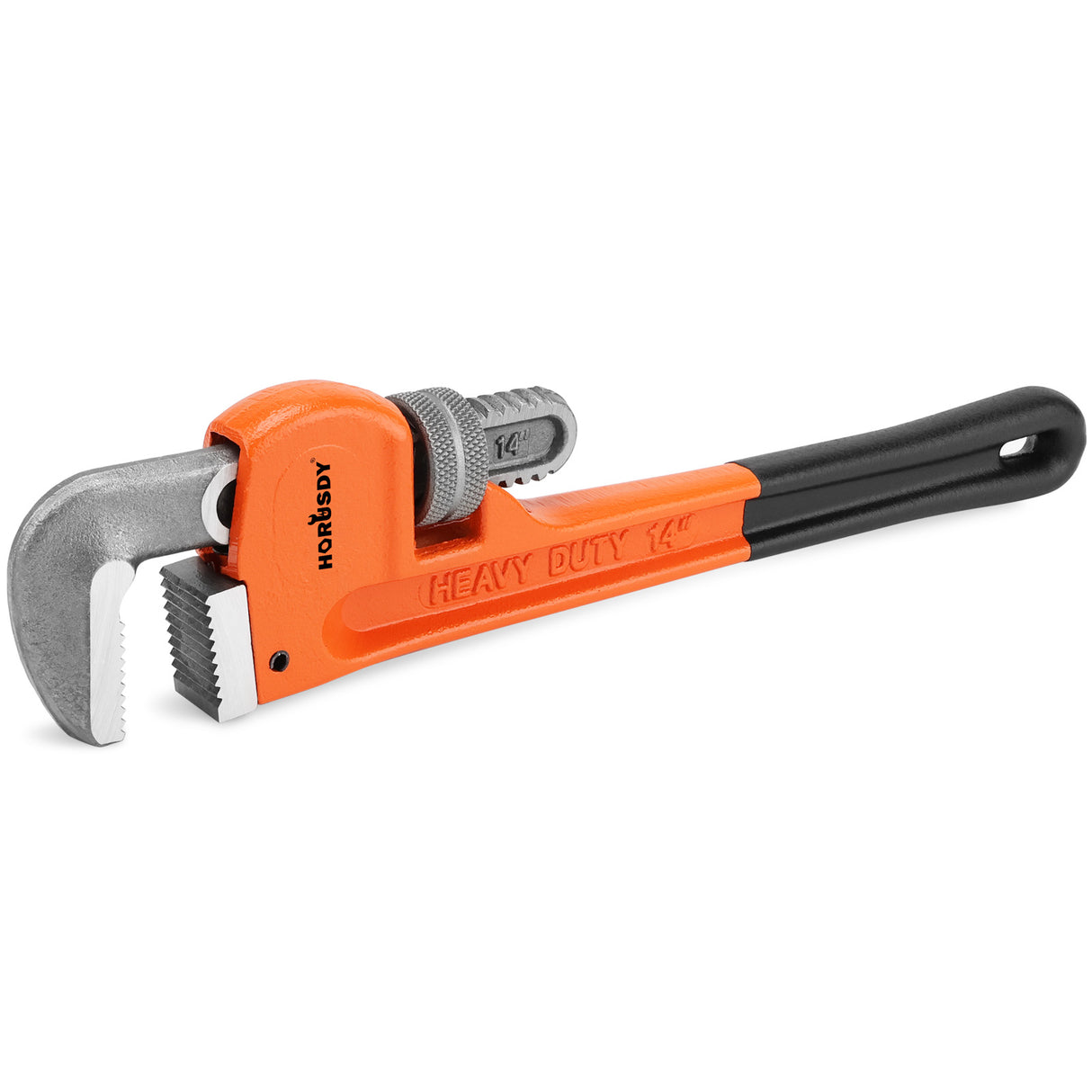 HORUSDY 14-inch heavy duty pipe wrench with adjustable 1.5-inch jaw, cast iron body, and PVC-coated non-slip handle for plumbing and mechanical repairs