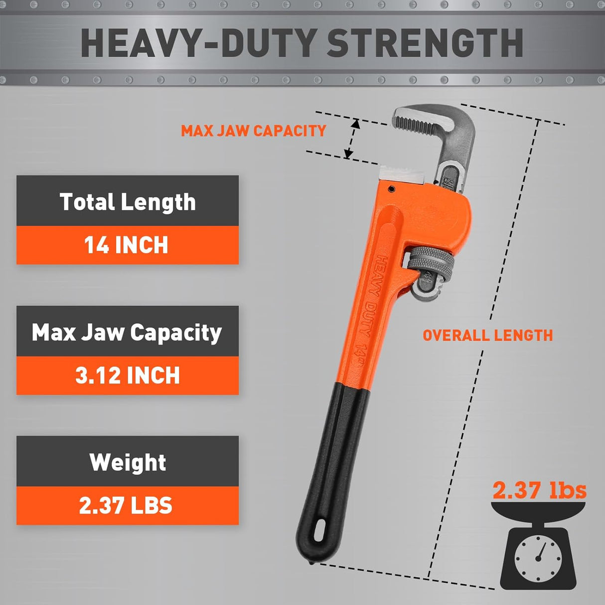 HORUSDY 14-inch heavy duty pipe wrench with adjustable 1.5-inch jaw, cast iron body, and PVC-coated non-slip handle for plumbing and mechanical repairs