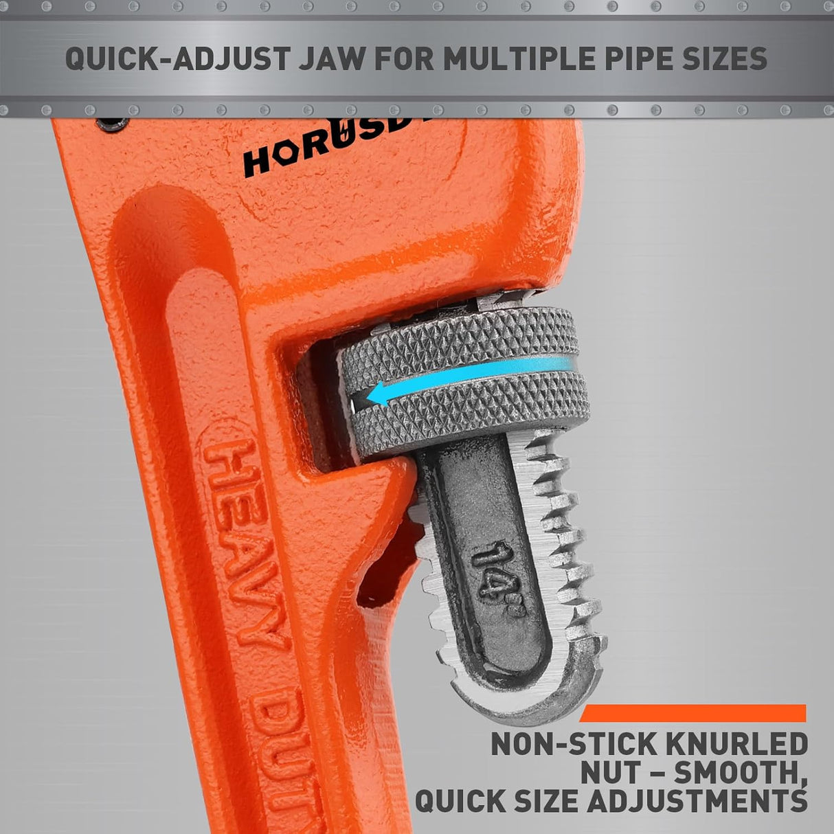 HORUSDY 14-inch heavy duty pipe wrench with adjustable 1.5-inch jaw, cast iron body, and PVC-coated non-slip handle for plumbing and mechanical repairs