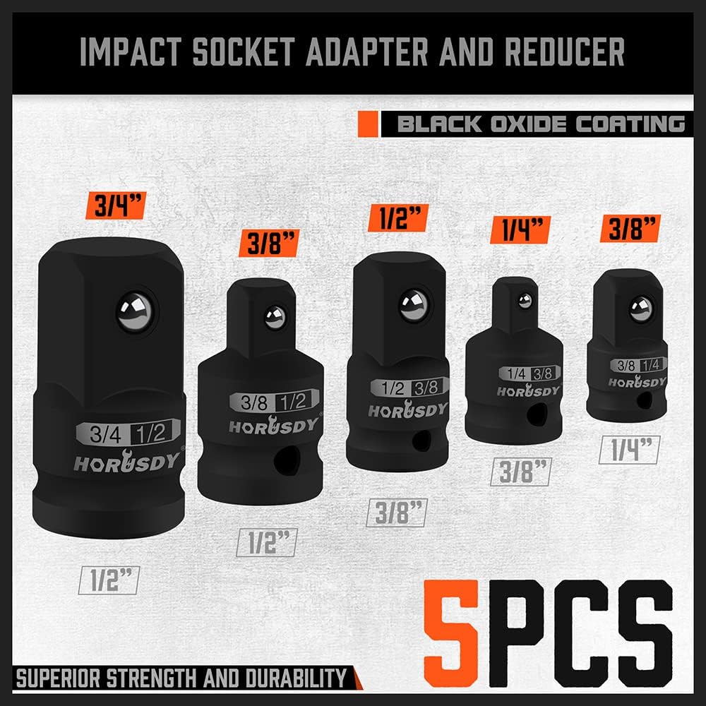 HORUSDY impact socket adapter and reducer set with black oxide finish, premium Cr-V steel, and secure detent design