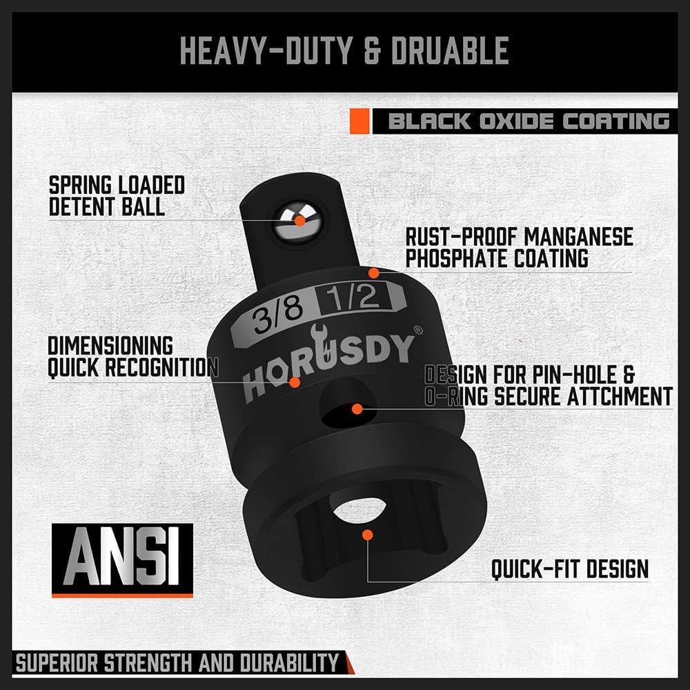 HORUSDY 5-piece impact socket adapter and reducer set with black oxide finish and Cr-V steel for heavy-duty automotive and DIY use