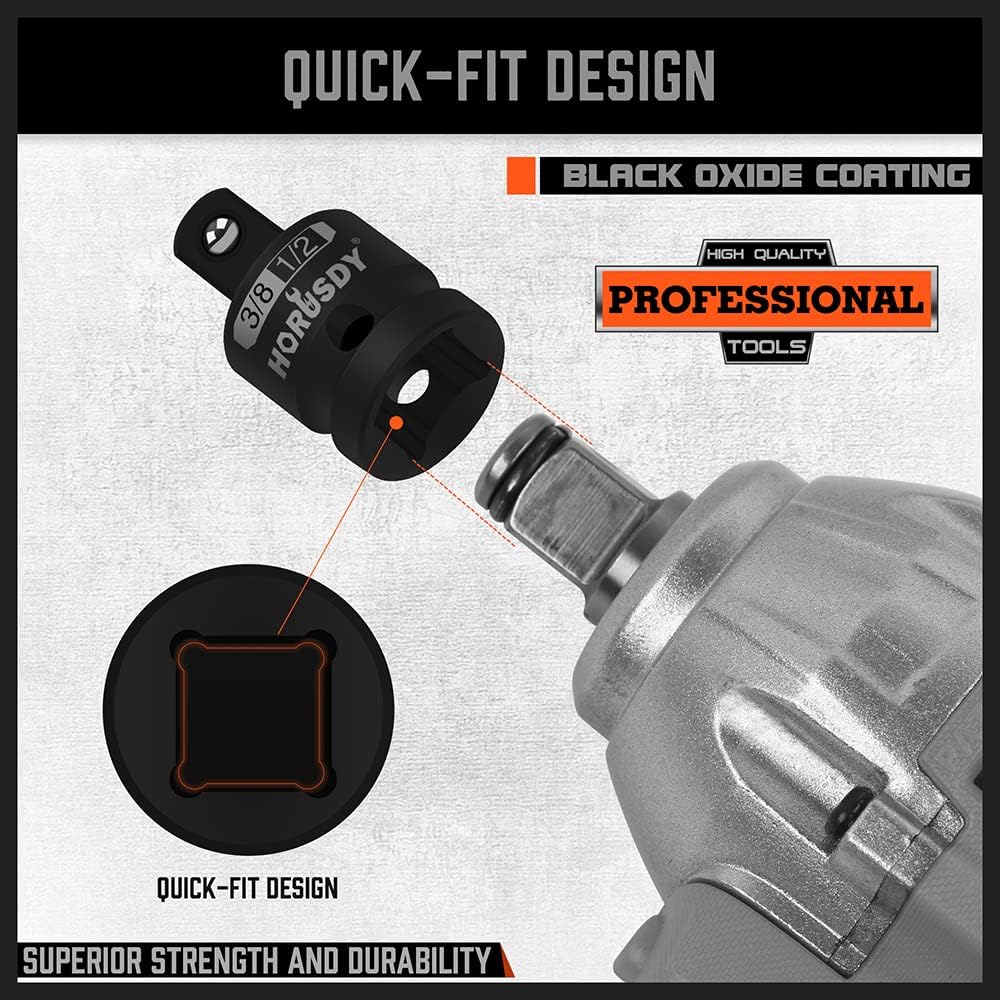 HORUSDY impact socket adapter and reducer set with black oxide finish, premium Cr-V steel, and secure detent design