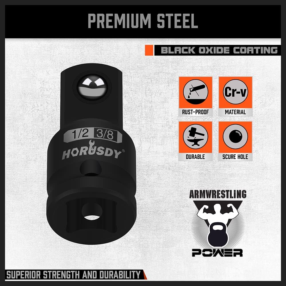 HORUSDY impact socket adapter and reducer set with black oxide finish, premium Cr-V steel, and secure detent design