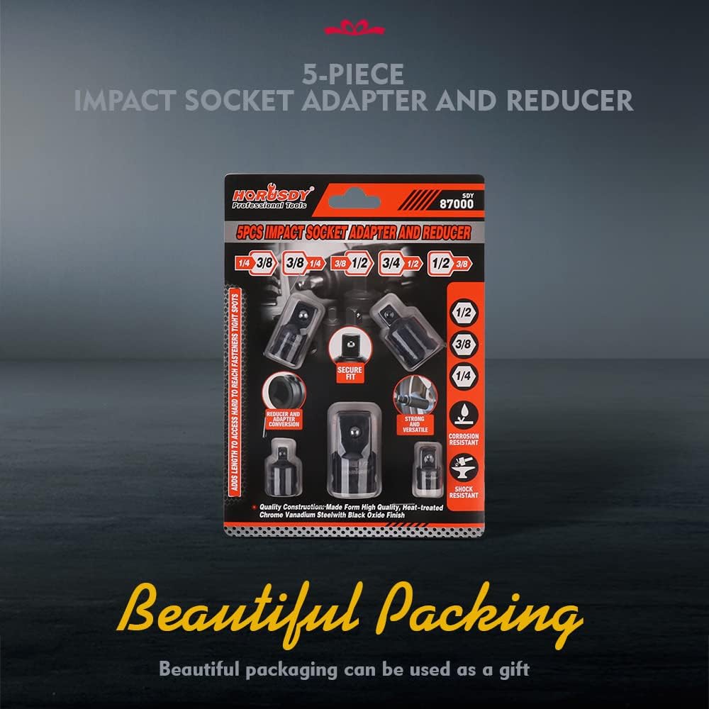 HORUSDY impact socket adapter and reducer set with black oxide finish, premium Cr-V steel, and secure detent design