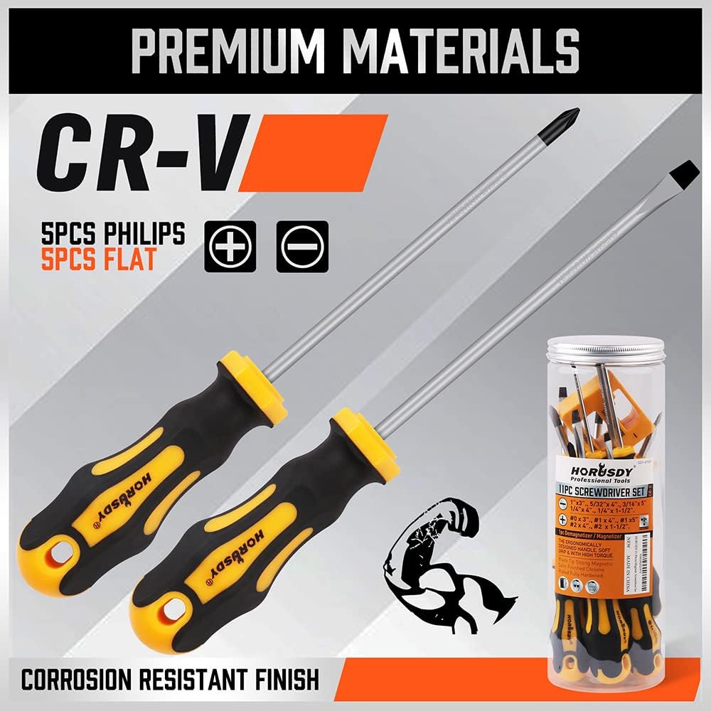 HORUSDY 11-piece screwdriver set with magnetic tips, CR-V steel blades, ergonomic handles, and magnetizer/demagnetizer tool