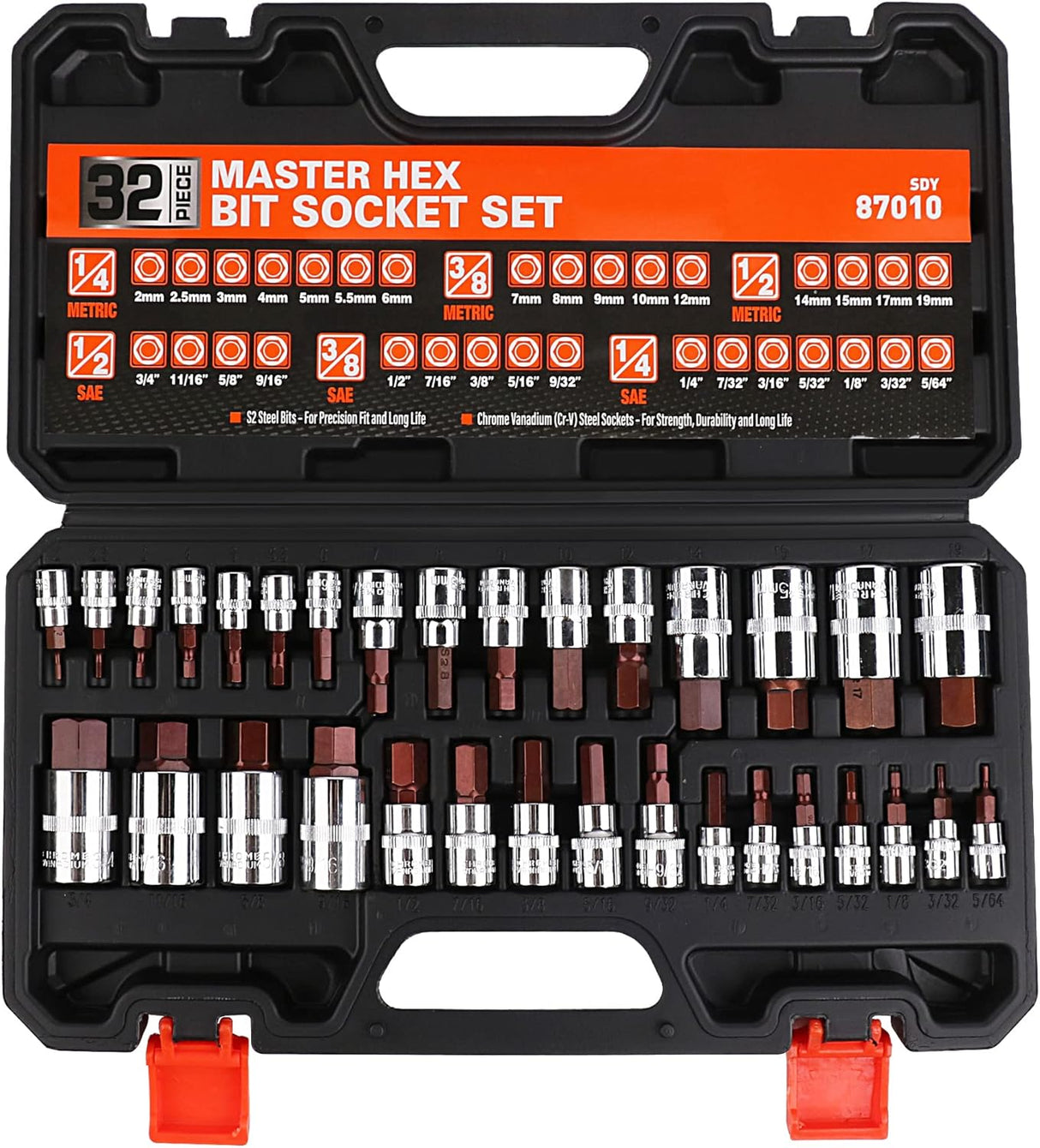 HORUSDY 32-piece hex bit socket set with SAE and metric sizes, S2 steel bits, multiple drive options, and a portable storage case