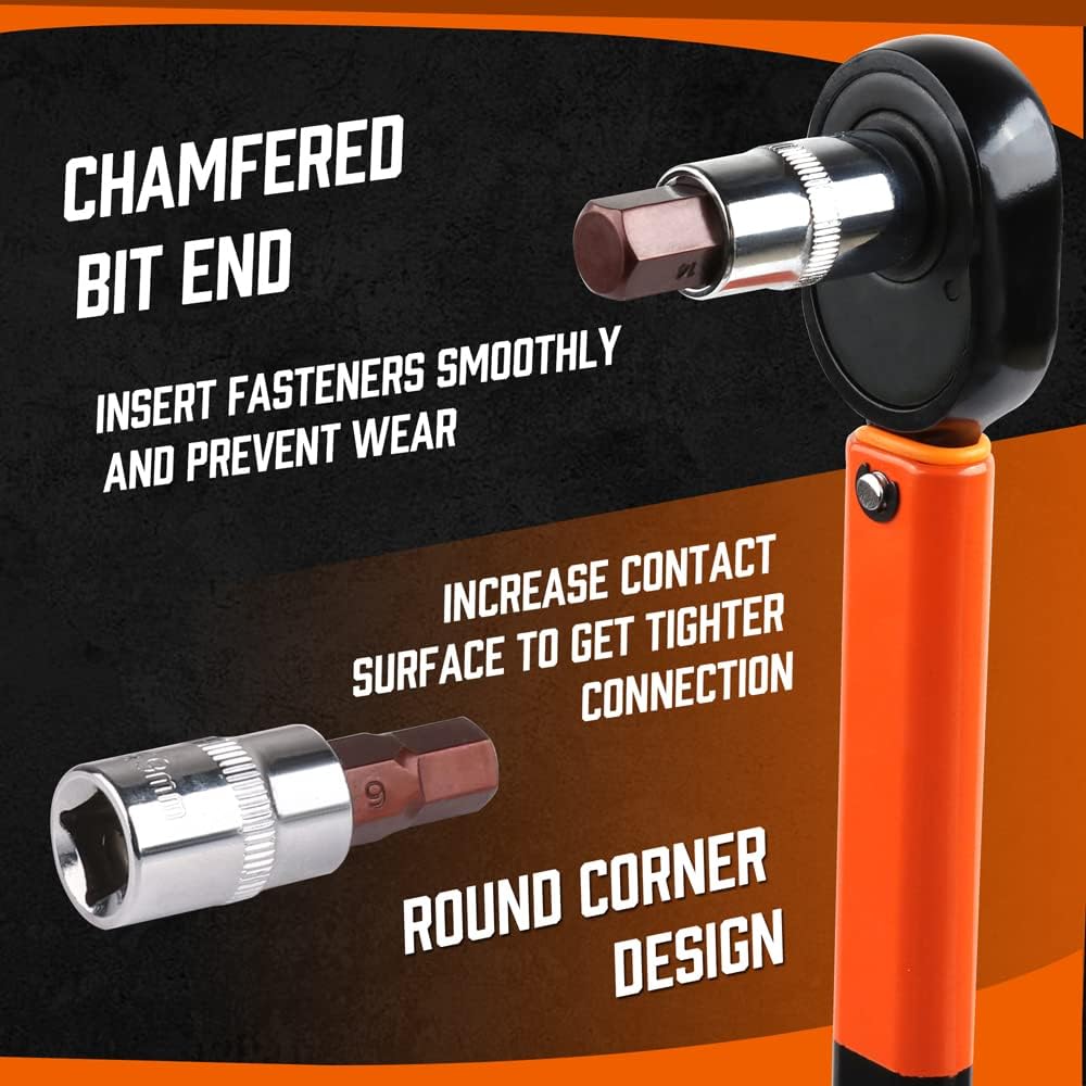 HORUSDY 32-piece hex bit socket set with SAE and metric sizes, S2 steel bits, multiple drive options, and a portable storage case