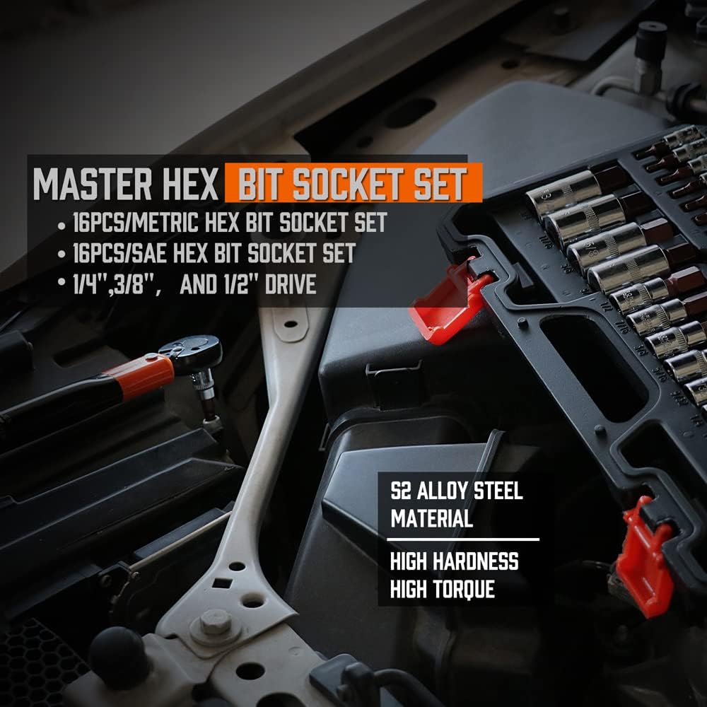 HORUSDY 32-piece hex bit socket set with SAE and metric sizes, S2 steel bits, multiple drive options, and a portable storage case