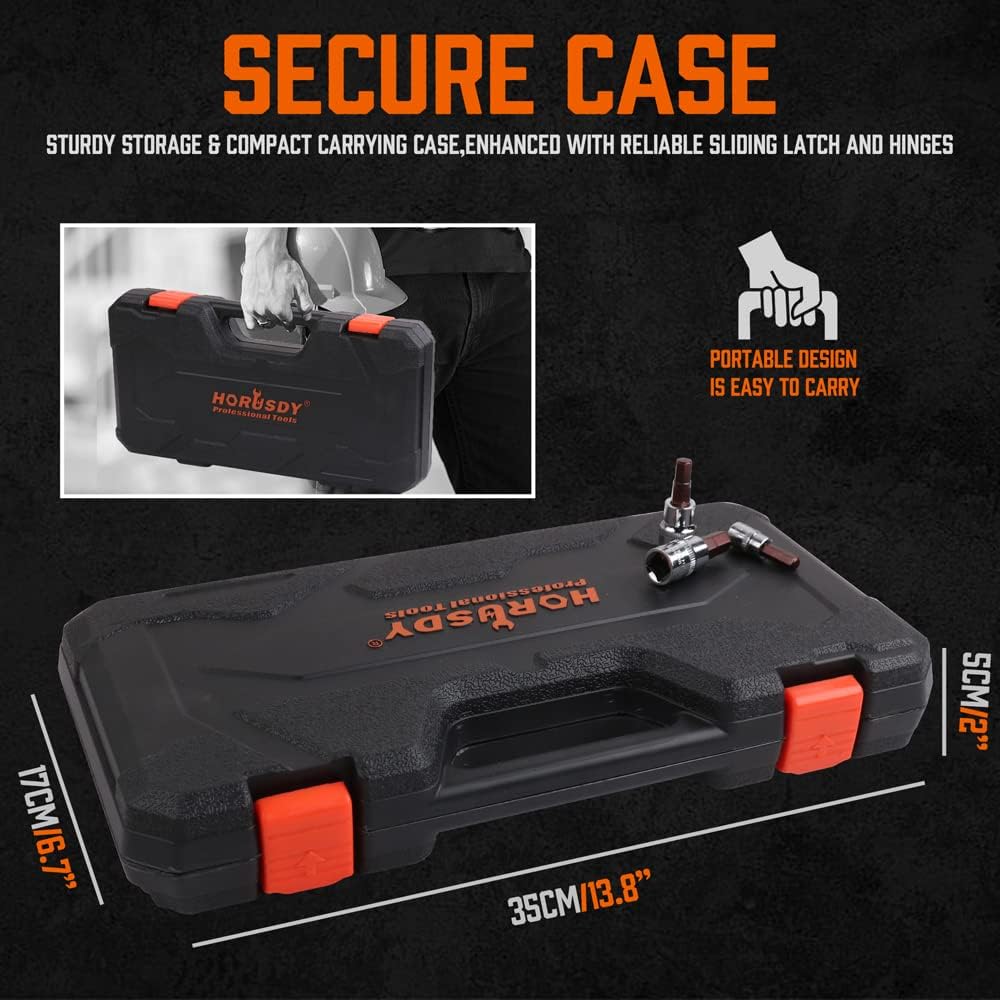 HORUSDY 32-piece hex bit socket set with SAE and metric sizes, S2 steel bits, multiple drive options, and a portable storage case