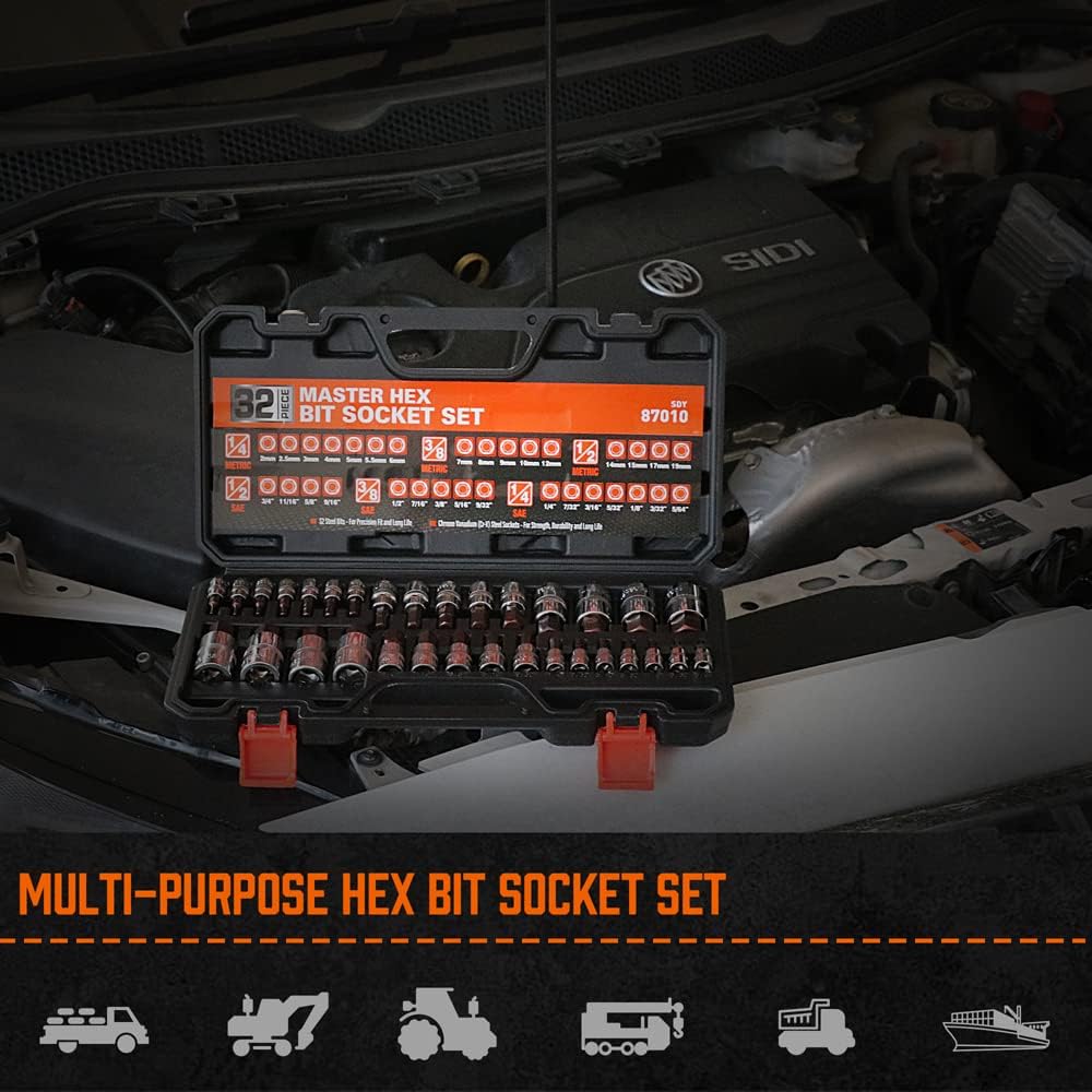 HORUSDY 32-piece hex bit socket set with SAE and metric sizes, S2 steel bits, multiple drive options, and a portable storage case