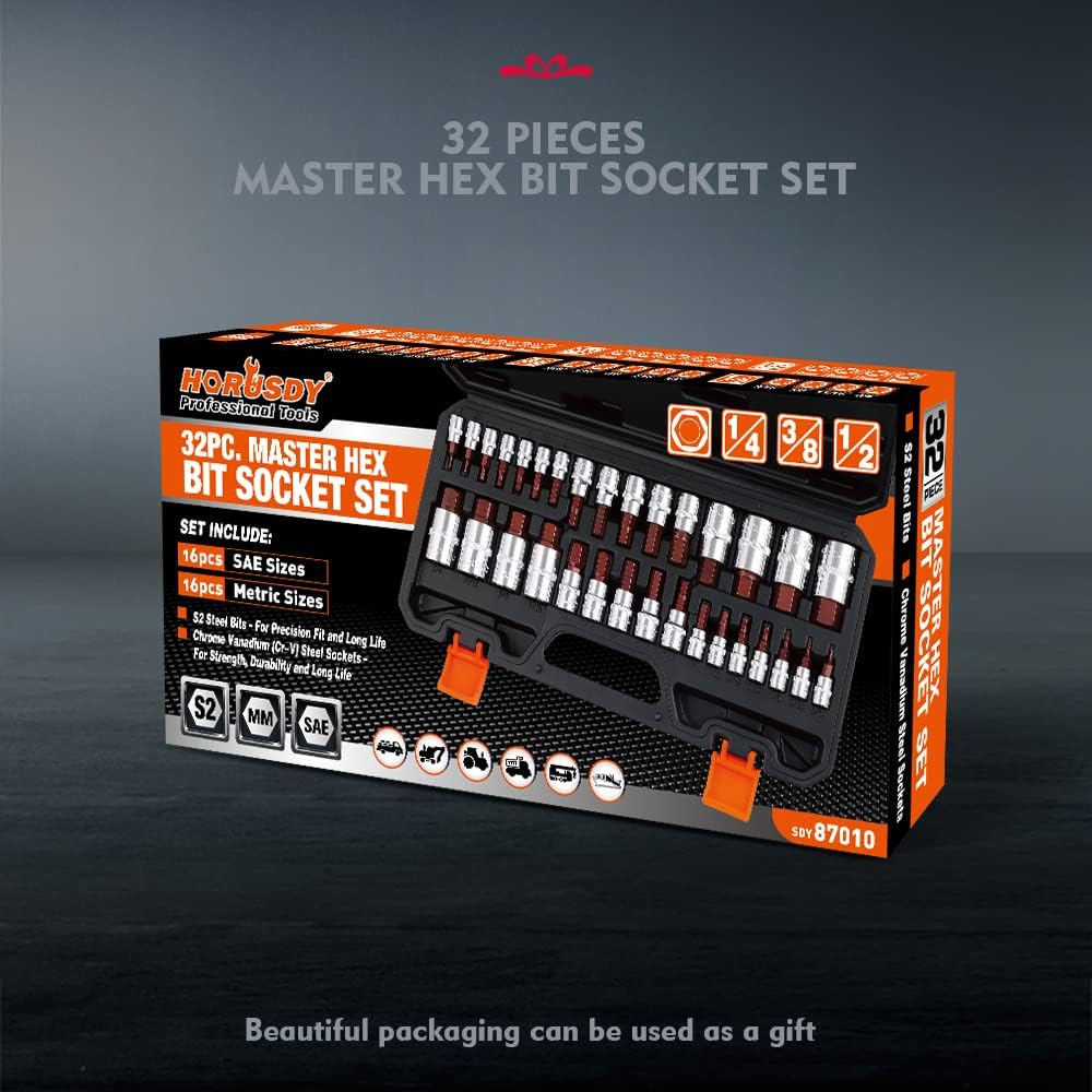 HORUSDY 32-piece hex bit socket set with SAE and metric sizes, S2 steel bits, multiple drive options, and a portable storage case