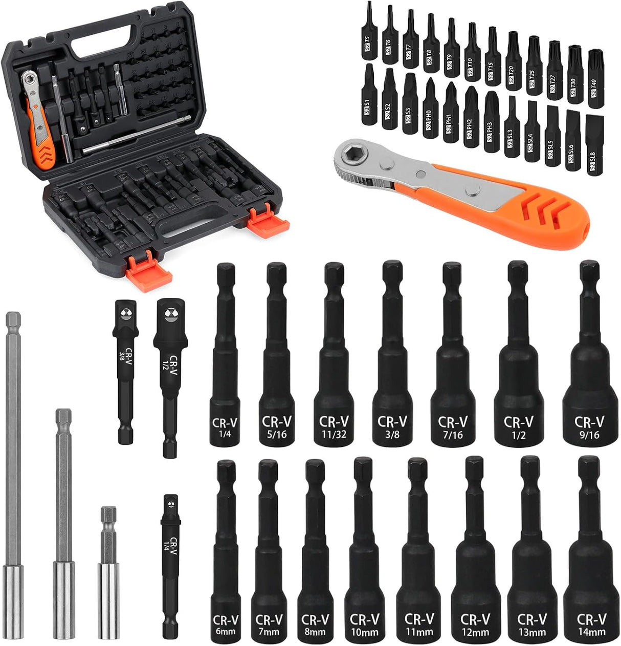 HORUSDY 47-piece magnetic nut driver and screwdriver bit set with ratcheting wrench, drill adapters, metric and SAE sizes, in storage case for mechanics and DIYers.