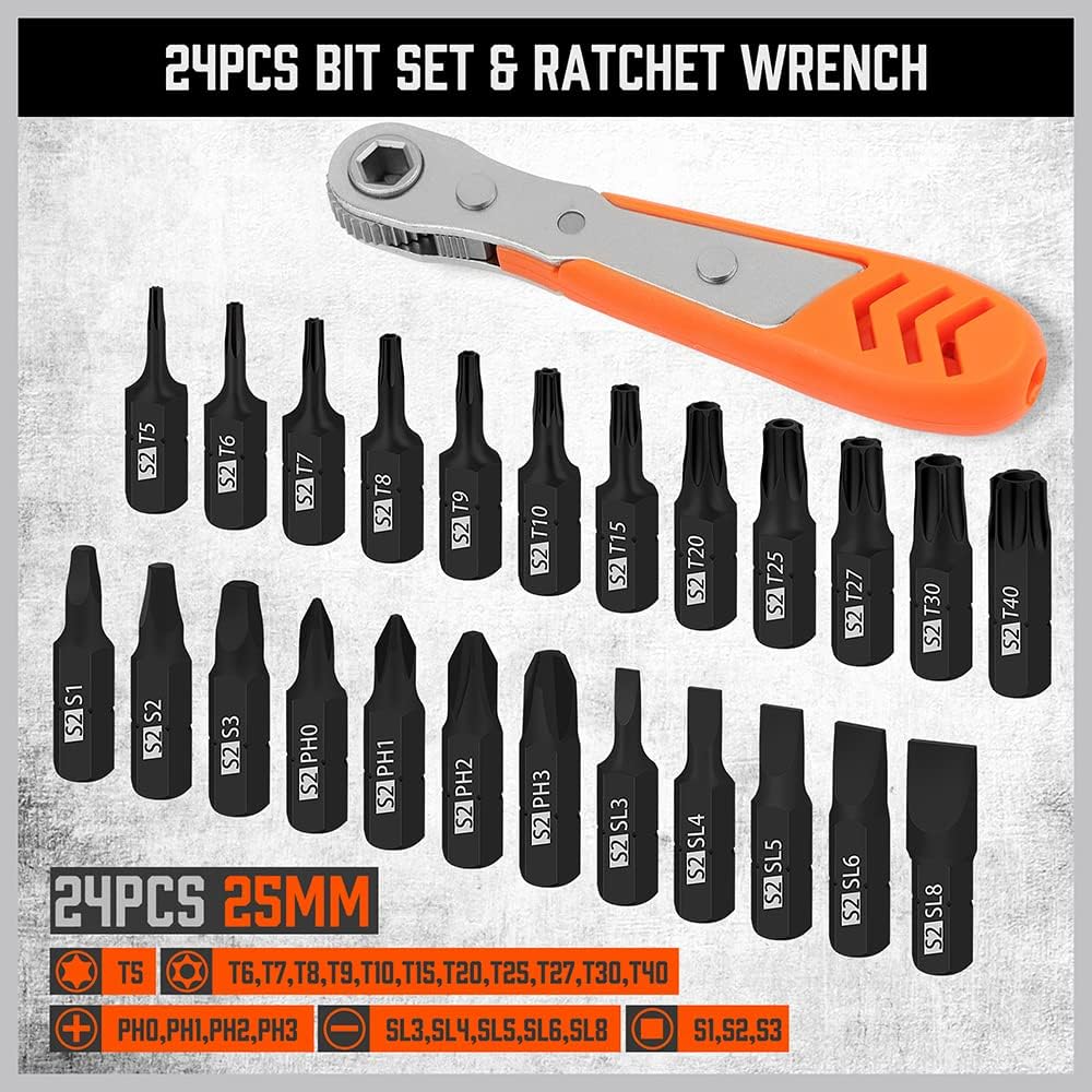 HORUSDY 47-piece magnetic nut driver and screwdriver bit set with ratcheting wrench, drill adapters, metric and SAE sizes, in storage case for mechanics and DIYers.