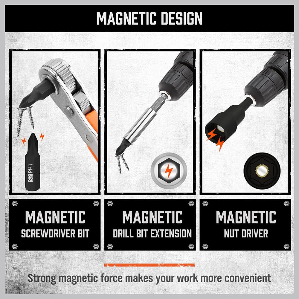 HORUSDY 47-piece magnetic nut driver and screwdriver bit set with ratcheting wrench, drill adapters, metric and SAE sizes, in storage case for mechanics and DIYers.