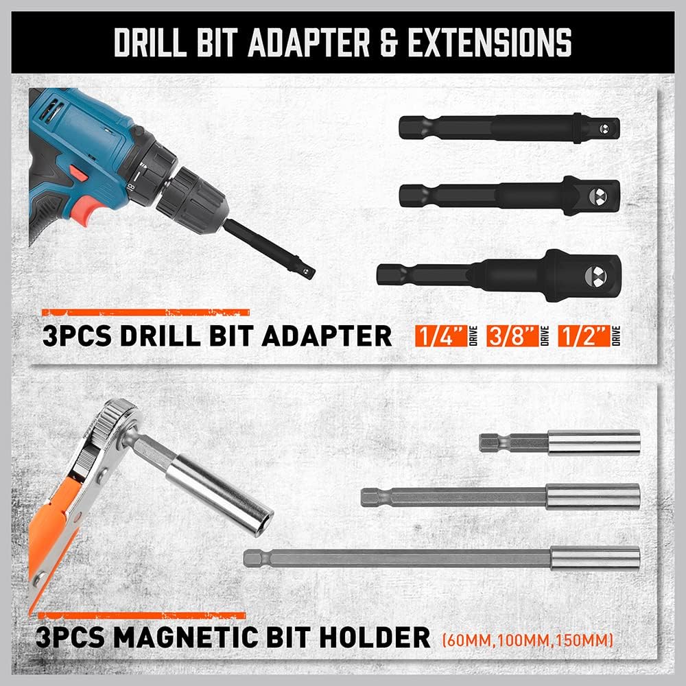 HORUSDY 47-piece magnetic nut driver and screwdriver bit set with ratcheting wrench, drill adapters, metric and SAE sizes, in storage case for mechanics and DIYers.