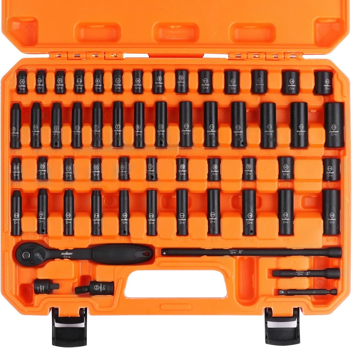 HORUSDY 56-piece 1/4 inch drive impact socket set with SAE and metric sizes, CR-V steel sockets, ratchet handle, extension bars, and portable orange case.