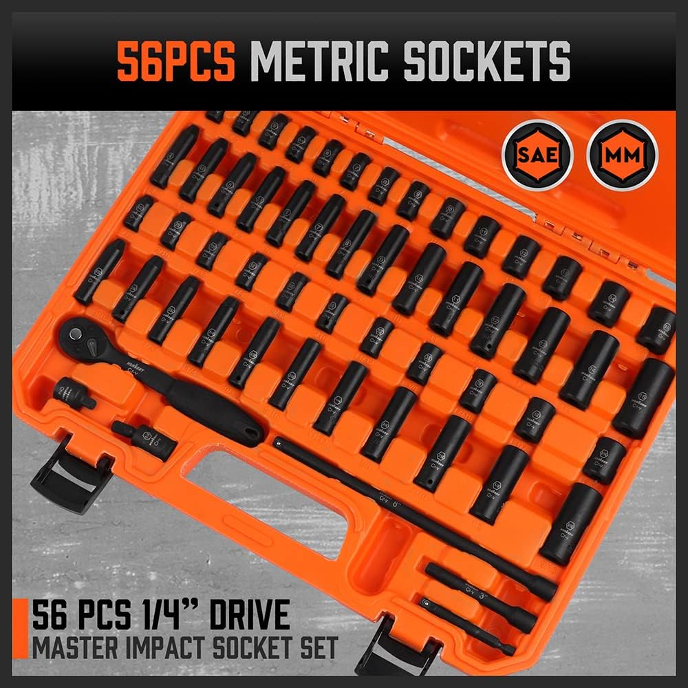 HORUSDY 56-Piece 1/4" Drive Impact Socket Set, SAE & Metric, CR-V Steel with Ratchet, Extensions & Universal Joint, in Storage Case