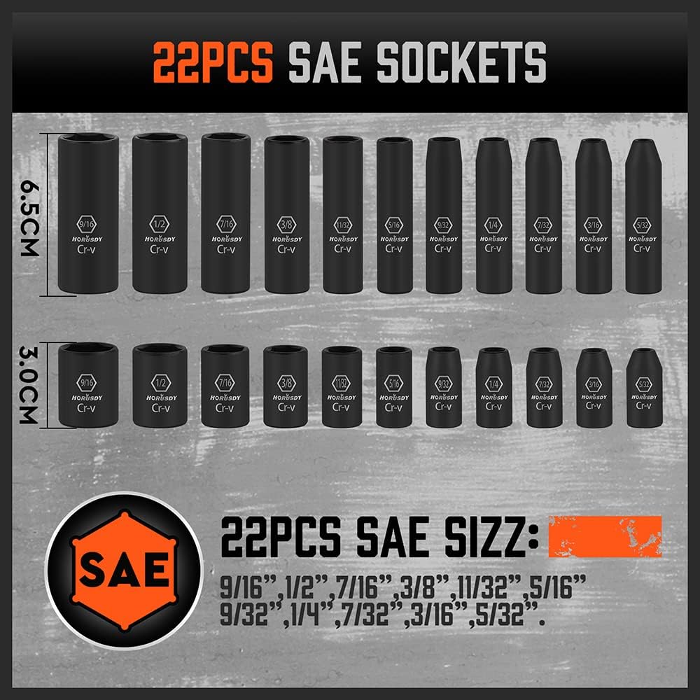 HORUSDY 56-piece 1/4 inch drive impact socket set with SAE and metric sizes, CR-V steel sockets, ratchet handle, extension bars, and portable orange case.