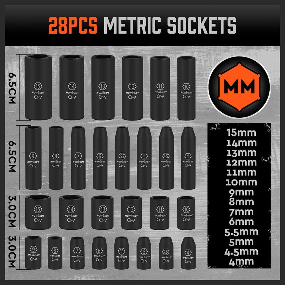 HORUSDY 56-piece 1/4 inch drive impact socket set with SAE and metric sizes, CR-V steel sockets, ratchet handle, extension bars, and portable orange case.