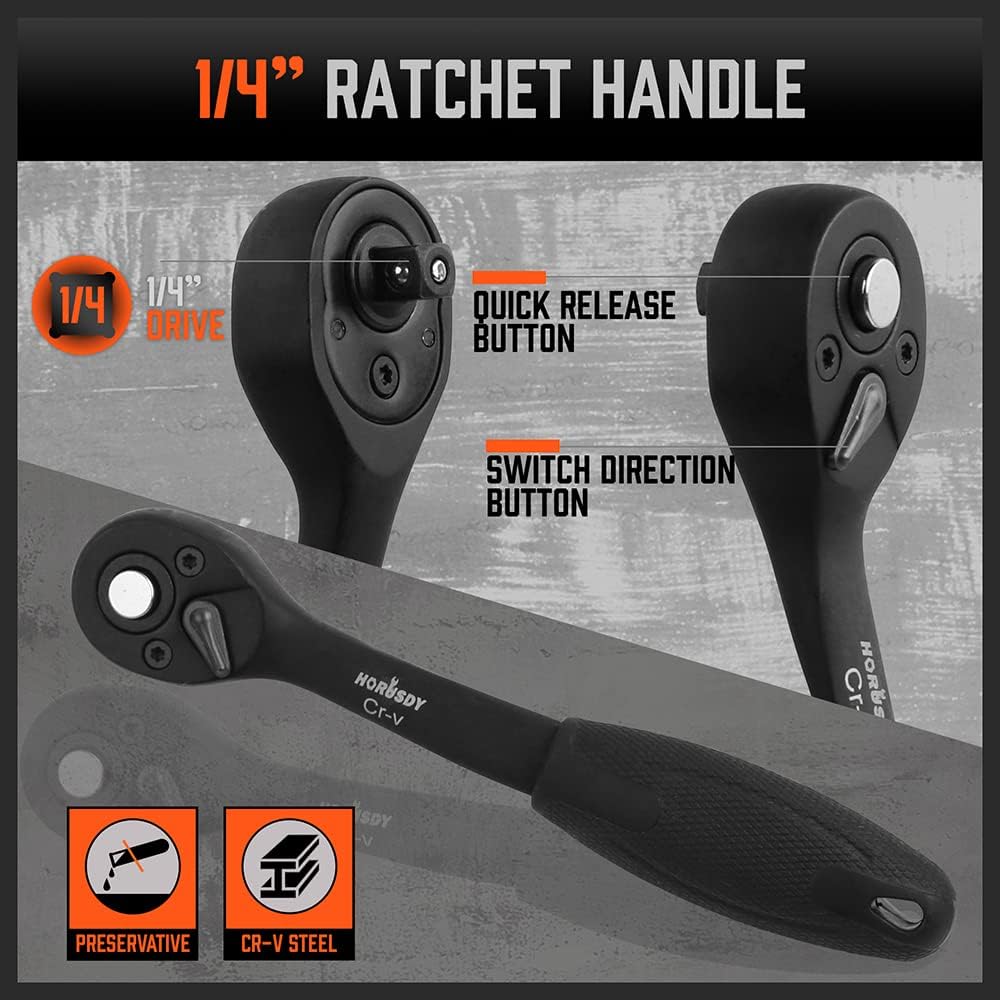 HORUSDY 56-piece 1/4 inch drive impact socket set with SAE and metric sizes, CR-V steel sockets, ratchet handle, extension bars, and portable orange case.