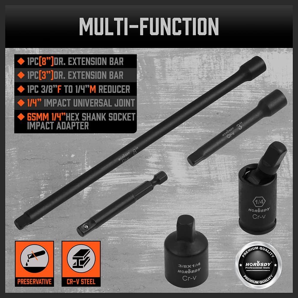 HORUSDY 56-piece 1/4 inch drive impact socket set with SAE and metric sizes, CR-V steel sockets, ratchet handle, extension bars, and portable orange case.